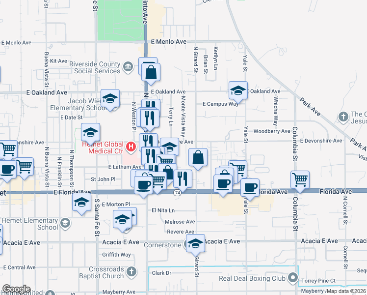 map of restaurants, bars, coffee shops, grocery stores, and more near 285 Monte Vista Way in Hemet