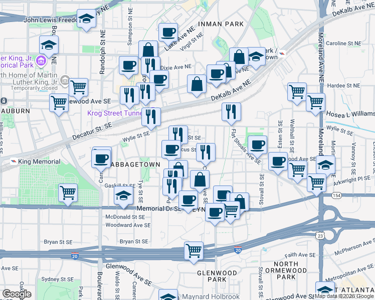 map of restaurants, bars, coffee shops, grocery stores, and more near Marcus Street Southeast in Atlanta