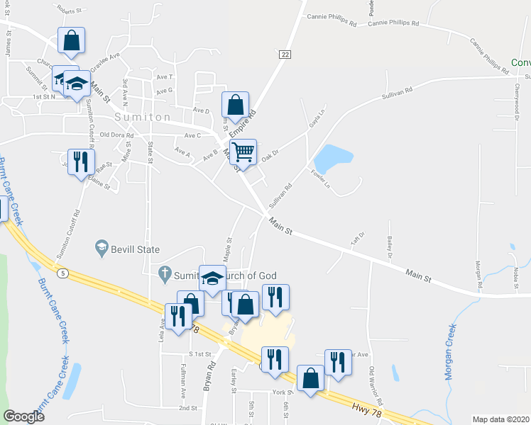 map of restaurants, bars, coffee shops, grocery stores, and more near 91 Sullivan Road in Sumiton