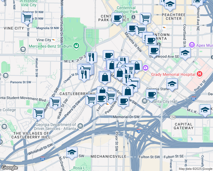map of restaurants, bars, coffee shops, grocery stores, and more near 251 Trinity Avenue Southwest in Atlanta