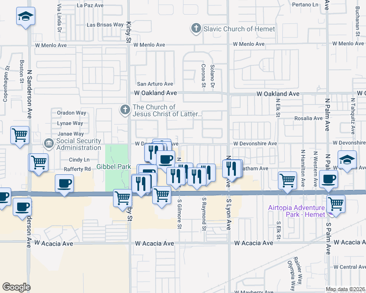 map of restaurants, bars, coffee shops, grocery stores, and more near 1895 West Devonshire Avenue in Hemet