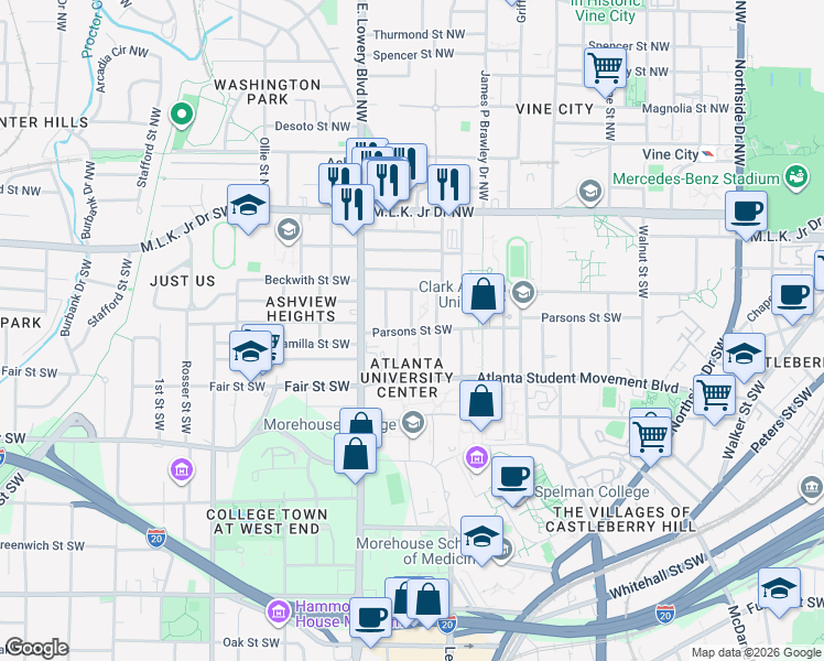 map of restaurants, bars, coffee shops, grocery stores, and more near 198 Bonair Street Southwest in Atlanta