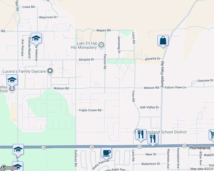 map of restaurants, bars, coffee shops, grocery stores, and more near 25480 Pierson Road in Homeland