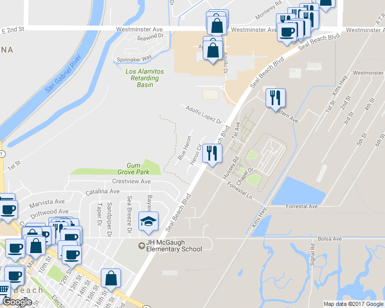 map of restaurants, bars, coffee shops, grocery stores, and more near 935 Heron Circle in Seal Beach