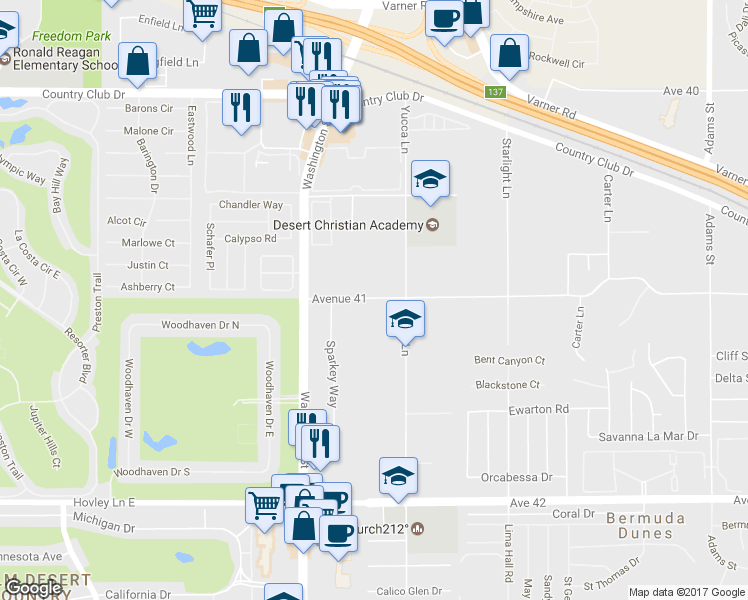 map of restaurants, bars, coffee shops, grocery stores, and more near 78157 Avenue 41 in Bermuda Dunes