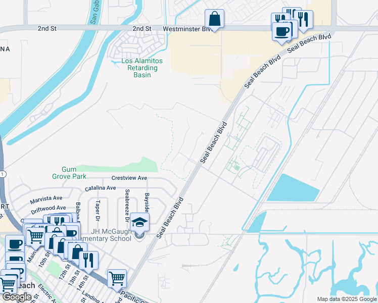 map of restaurants, bars, coffee shops, grocery stores, and more near 935 Heron Circle in Seal Beach