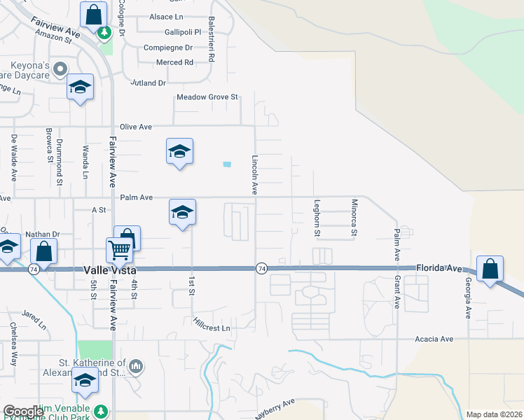 map of restaurants, bars, coffee shops, grocery stores, and more near 44548 Woodrow Way in Hemet