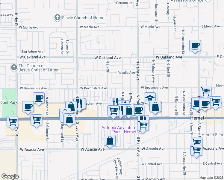 map of restaurants, bars, coffee shops, grocery stores, and more near 1265 West Devonshire Avenue in Hemet