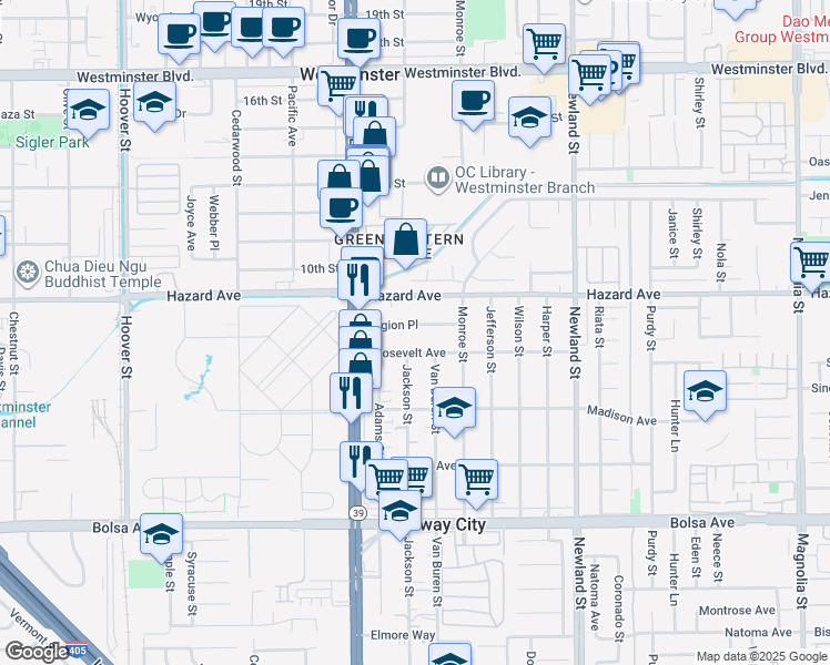 map of restaurants, bars, coffee shops, grocery stores, and more near 8132 Legion Place in Midway City