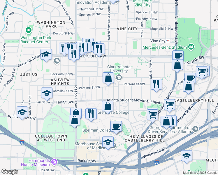map of restaurants, bars, coffee shops, grocery stores, and more near 114 James P Brawley Drive Southwest in Atlanta