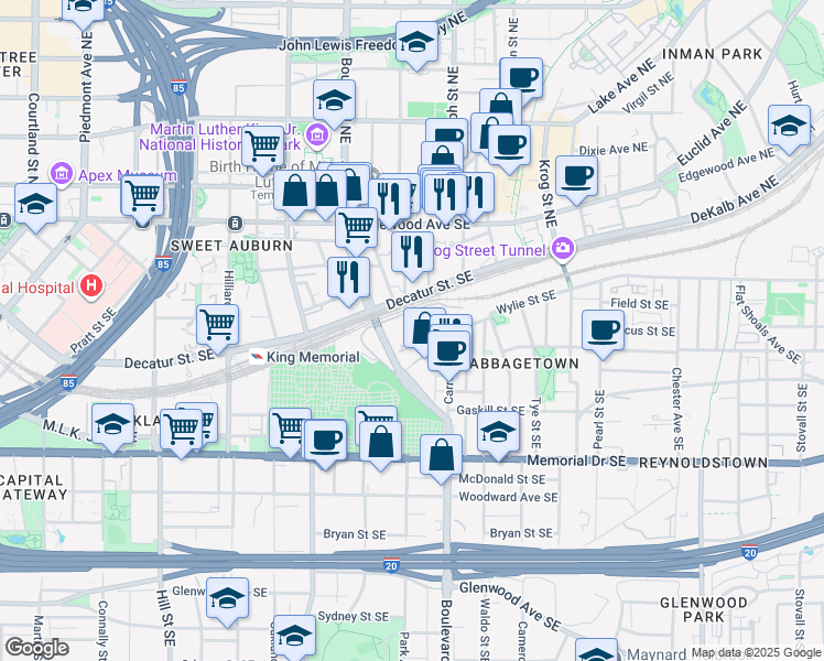 map of restaurants, bars, coffee shops, grocery stores, and more near 554 Decatur Street Southeast in Atlanta