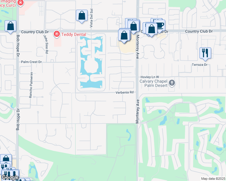 map of restaurants, bars, coffee shops, grocery stores, and more near 17 Corte Del Sol in Rancho Mirage
