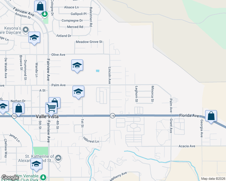 map of restaurants, bars, coffee shops, grocery stores, and more near 44548 Woodrow Way in Hemet