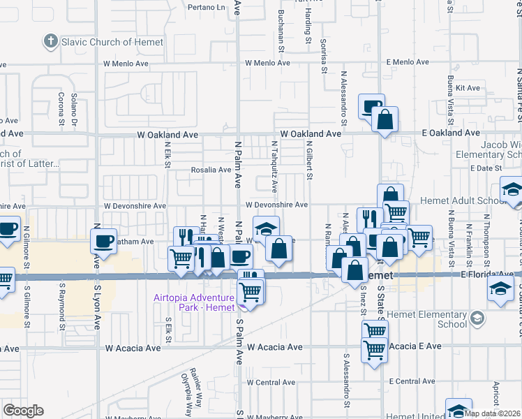 map of restaurants, bars, coffee shops, grocery stores, and more near 747 West Devonshire Avenue in Hemet