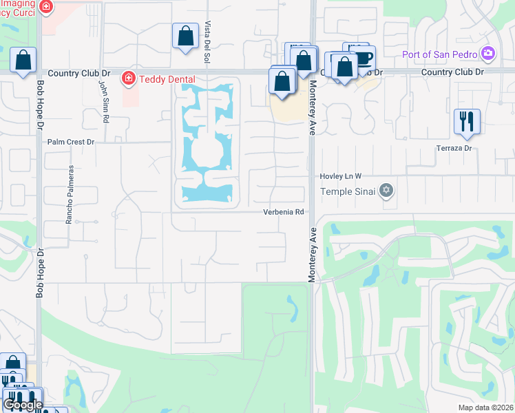 map of restaurants, bars, coffee shops, grocery stores, and more near 13 Bellisimo Court in Rancho Mirage