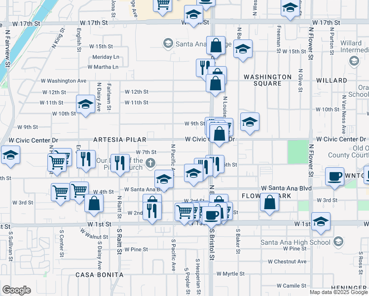 map of restaurants, bars, coffee shops, grocery stores, and more near 1411 West 7th Street in Santa Ana