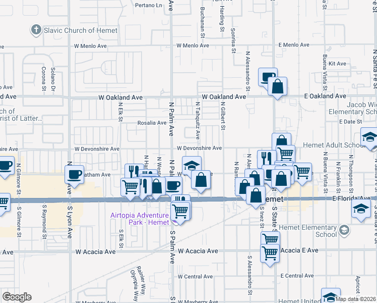 map of restaurants, bars, coffee shops, grocery stores, and more near 747 West Devonshire Avenue in Hemet