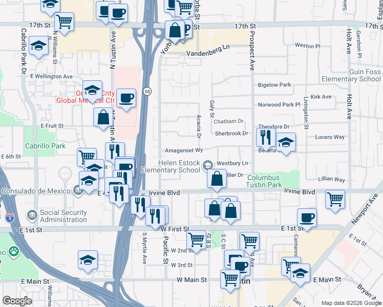 map of restaurants, bars, coffee shops, grocery stores, and more near 17472 Amaganset Way in Tustin