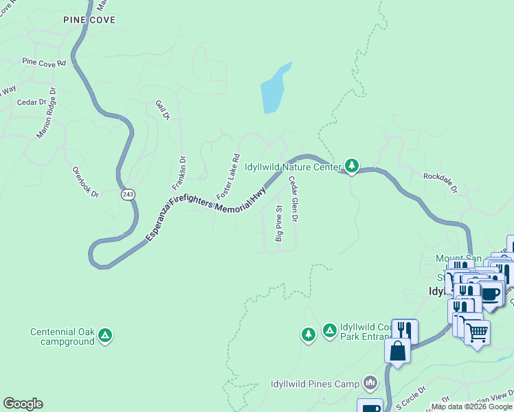 map of restaurants, bars, coffee shops, grocery stores, and more near 53620 Jeffery Pine Road in Idyllwild-Pine Cove