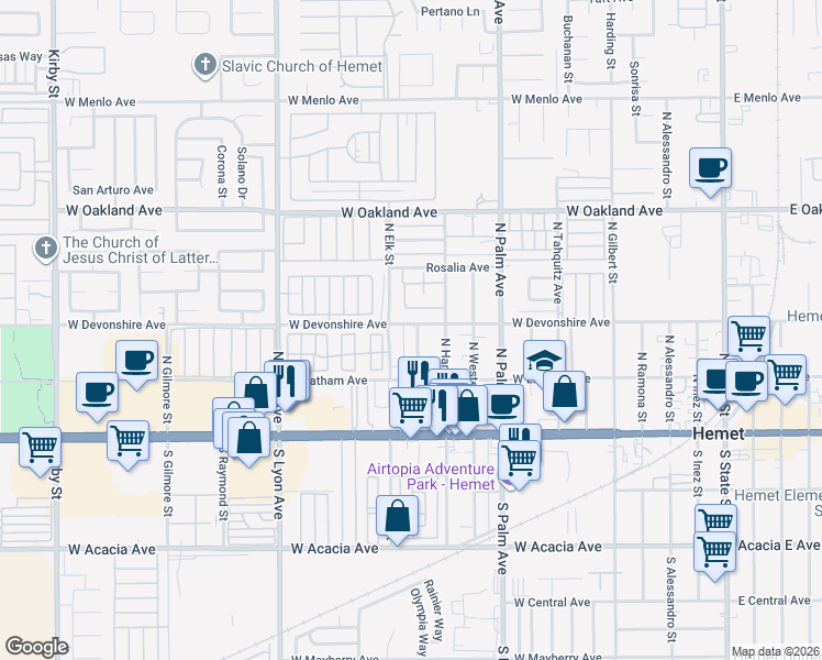 map of restaurants, bars, coffee shops, grocery stores, and more near 1205 West Devonshire Avenue in Hemet