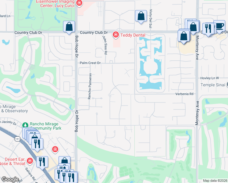 map of restaurants, bars, coffee shops, grocery stores, and more near 40435 Morningstar Road in Rancho Mirage