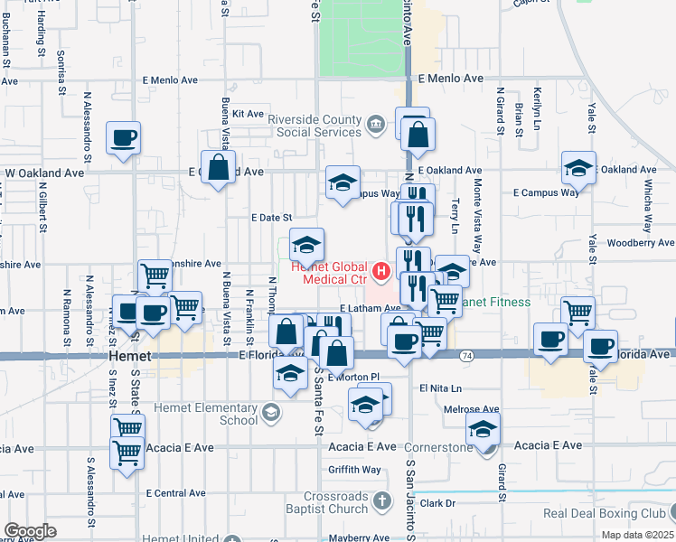 map of restaurants, bars, coffee shops, grocery stores, and more near 907 East Devonshire Avenue in Hemet