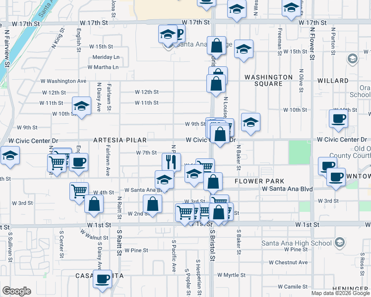 map of restaurants, bars, coffee shops, grocery stores, and more near in Santa Ana
