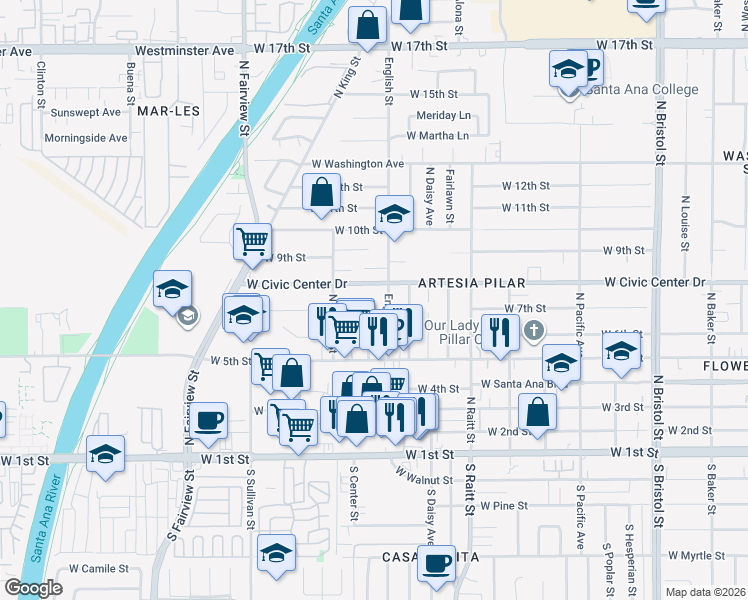 map of restaurants, bars, coffee shops, grocery stores, and more near 802 English Street in Santa Ana