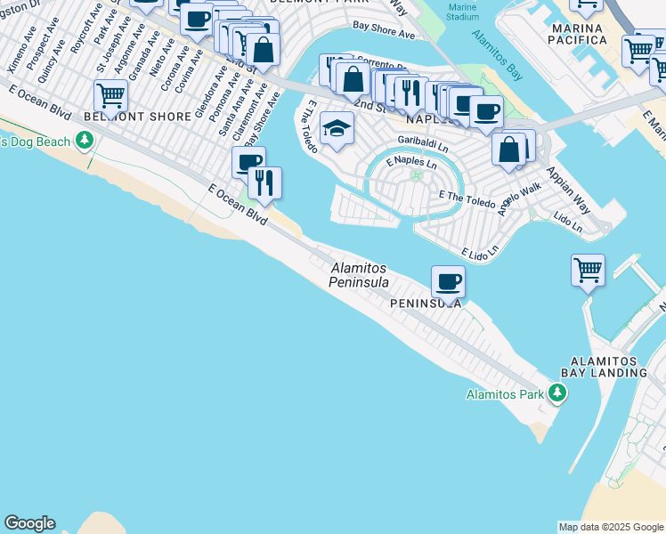 map of restaurants, bars, coffee shops, grocery stores, and more near 5517 East Ocean Boulevard in Long Beach