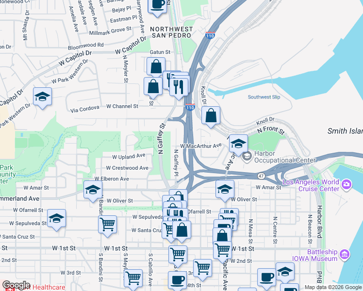 map of restaurants, bars, coffee shops, grocery stores, and more near 928 North Gaffey Place in Los Angeles