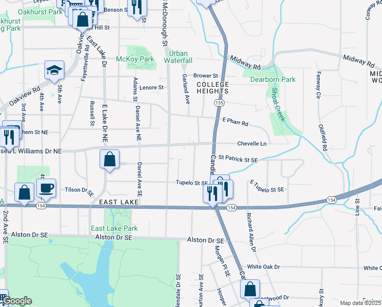 map of restaurants, bars, coffee shops, grocery stores, and more near 43 Oakridge Avenue Southeast in Atlanta