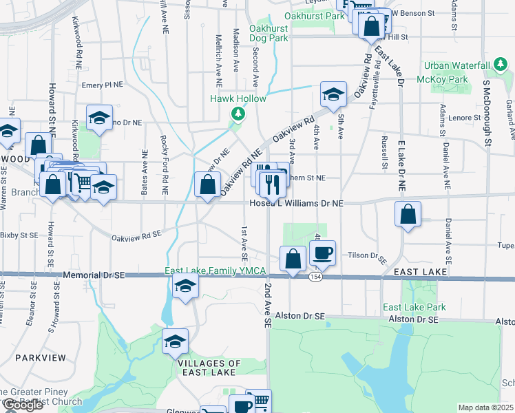 map of restaurants, bars, coffee shops, grocery stores, and more near 2340 Hosea L Williams Drive Northeast in Atlanta