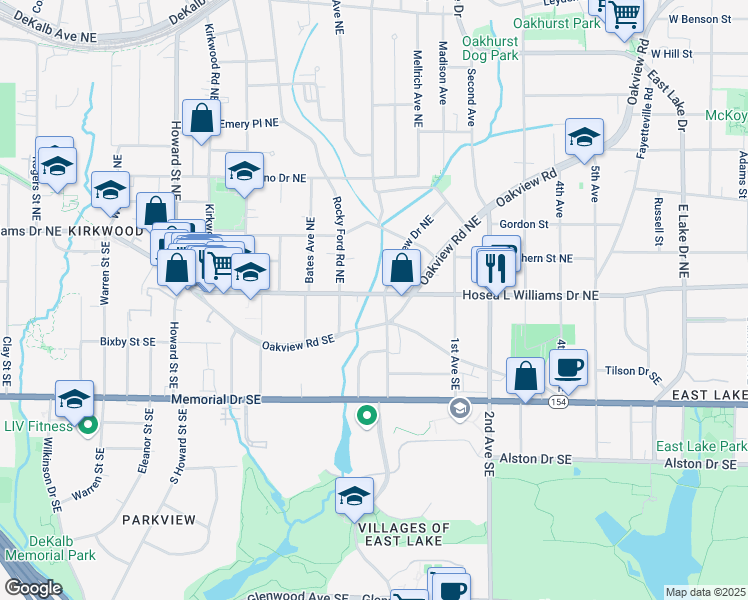 map of restaurants, bars, coffee shops, grocery stores, and more near 5 Lakeview Drive Southeast in Atlanta