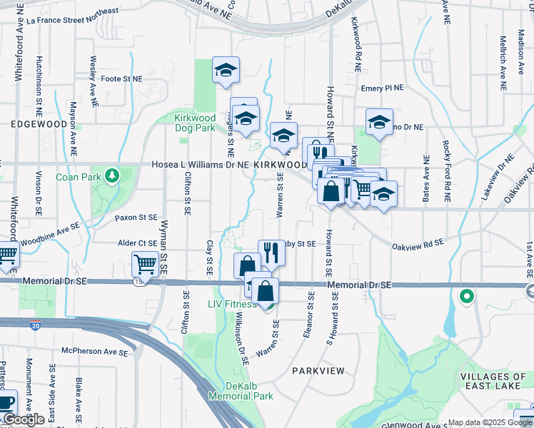 map of restaurants, bars, coffee shops, grocery stores, and more near 82 Dearborn Street Southeast in Atlanta