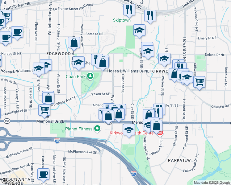 map of restaurants, bars, coffee shops, grocery stores, and more near 88 Wyman Street Southeast in Atlanta