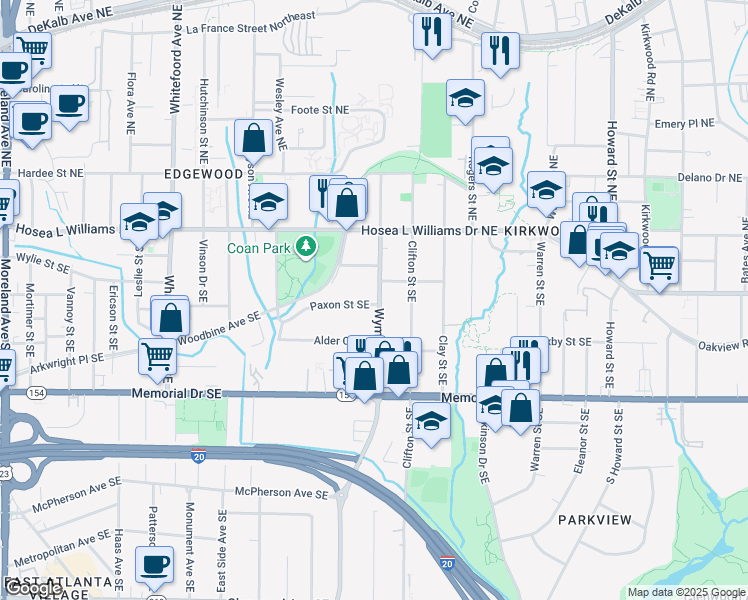map of restaurants, bars, coffee shops, grocery stores, and more near 1665 Stanwood Avenue Southeast in Atlanta