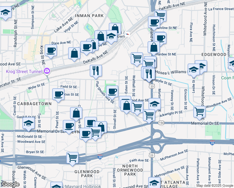 map of restaurants, bars, coffee shops, grocery stores, and more near 79 Weatherby Street Southeast in Atlanta