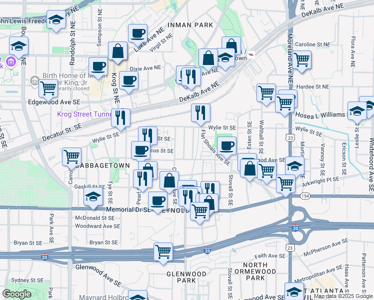 map of restaurants, bars, coffee shops, grocery stores, and more near 87 Selman Street Southeast in Atlanta