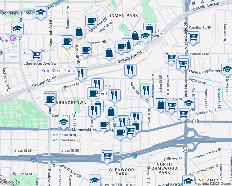 map of restaurants, bars, coffee shops, grocery stores, and more near 87 Selman Street Southeast in Atlanta