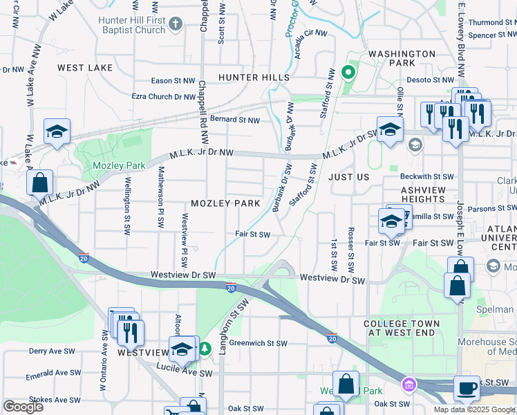 map of restaurants, bars, coffee shops, grocery stores, and more near 151 Rockmart Drive Southwest in Atlanta