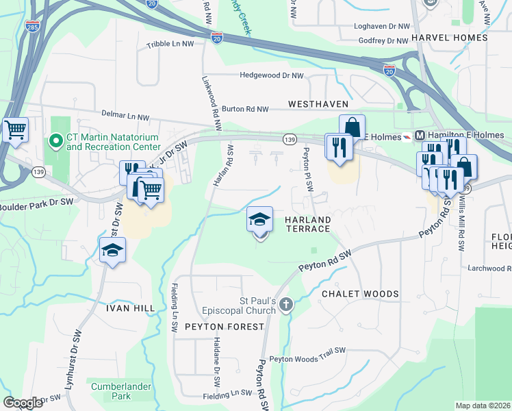 map of restaurants, bars, coffee shops, grocery stores, and more near 2790 Emeral Court Southwest in Atlanta