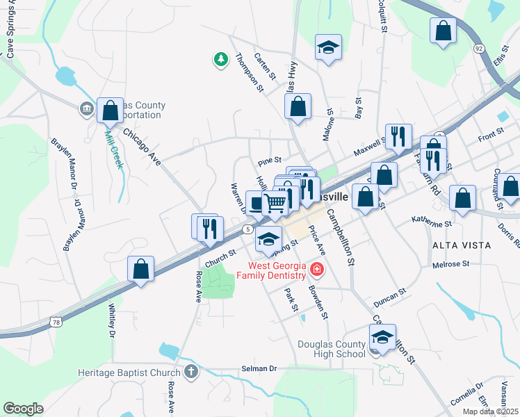 map of restaurants, bars, coffee shops, grocery stores, and more near 8383 Hollis Street in Douglasville