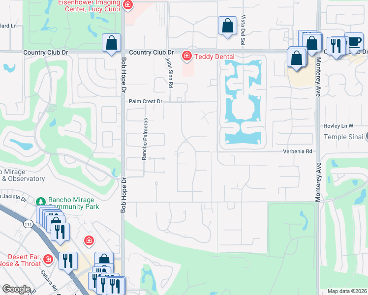 map of restaurants, bars, coffee shops, grocery stores, and more near 40440 Morningstar Road in Rancho Mirage