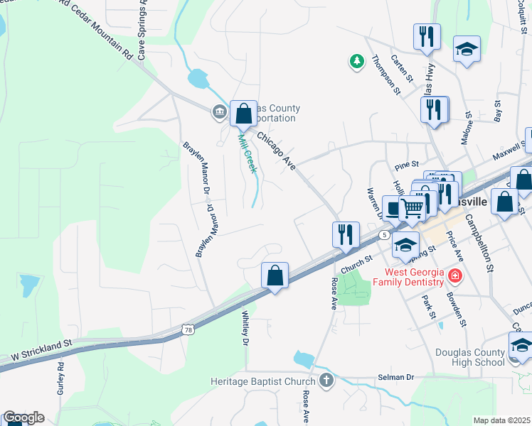 map of restaurants, bars, coffee shops, grocery stores, and more near 7038 Branch Crossing Way in Douglasville