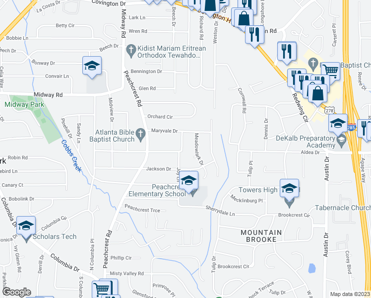 map of restaurants, bars, coffee shops, grocery stores, and more near 1438 Joy Lane in Decatur