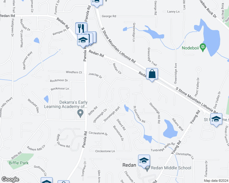 map of restaurants, bars, coffee shops, grocery stores, and more near 5537 Mountain Springs Circle in Stone Mountain
