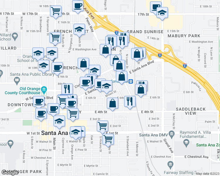 map of restaurants, bars, coffee shops, grocery stores, and more near 629 North Garfield Street in Santa Ana