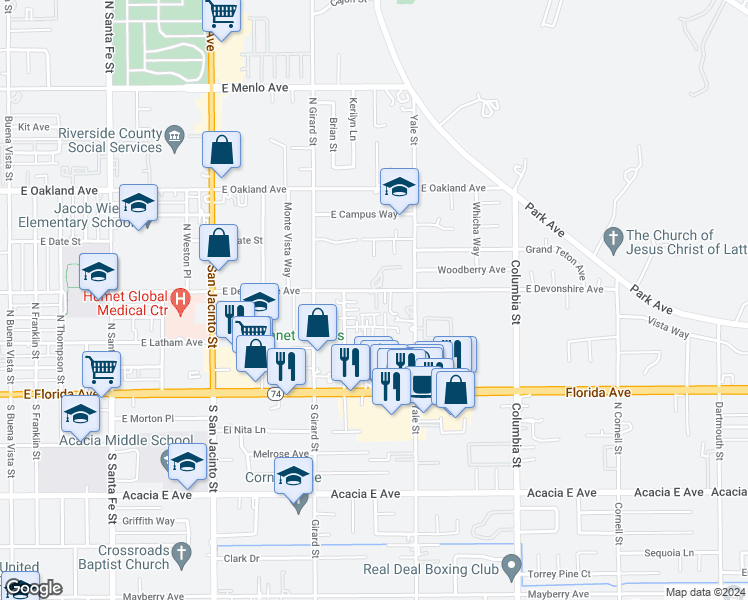 map of restaurants, bars, coffee shops, grocery stores, and more near 1905 East Devonshire Avenue in Hemet