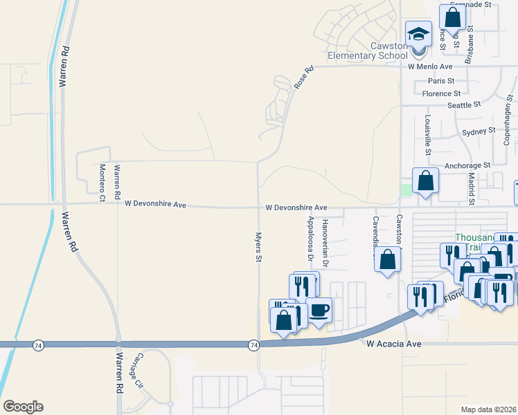 map of restaurants, bars, coffee shops, grocery stores, and more near 6905 West Devonshire Avenue in Hemet