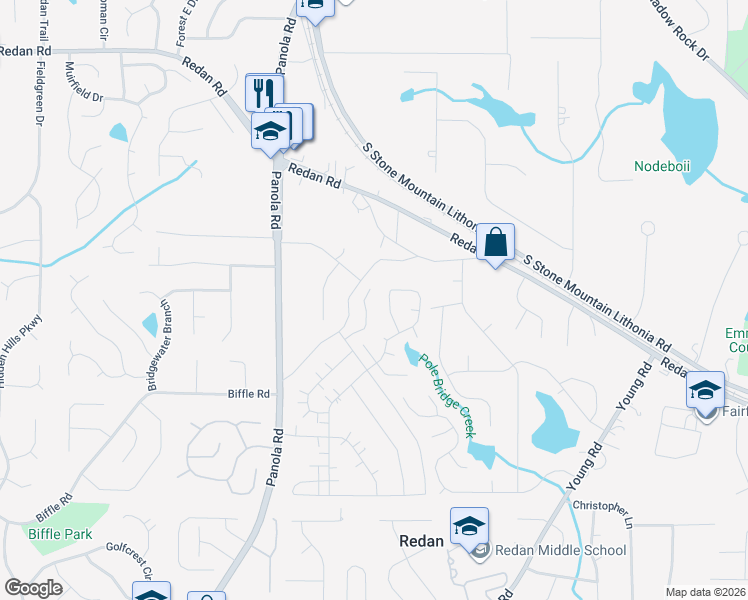 map of restaurants, bars, coffee shops, grocery stores, and more near 5541 Mountain Springs Circle in Stone Mountain